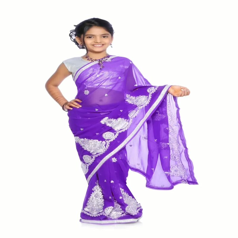 Bhartiya Paridhan -Net Pre Stitched Embroidered Laced Violet Saree(2-11 Years)