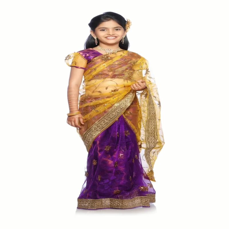 Bhartiya Paridhan -Net Pre Stitched Embroidered Laced Magenta Golden Yellow Saree(2-11 Years)