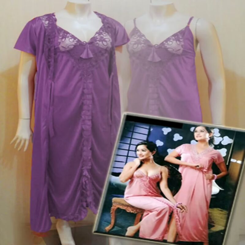 Sizzling Purple Front Frill Design 2 Piece Lacy Long Nighty Robe Set