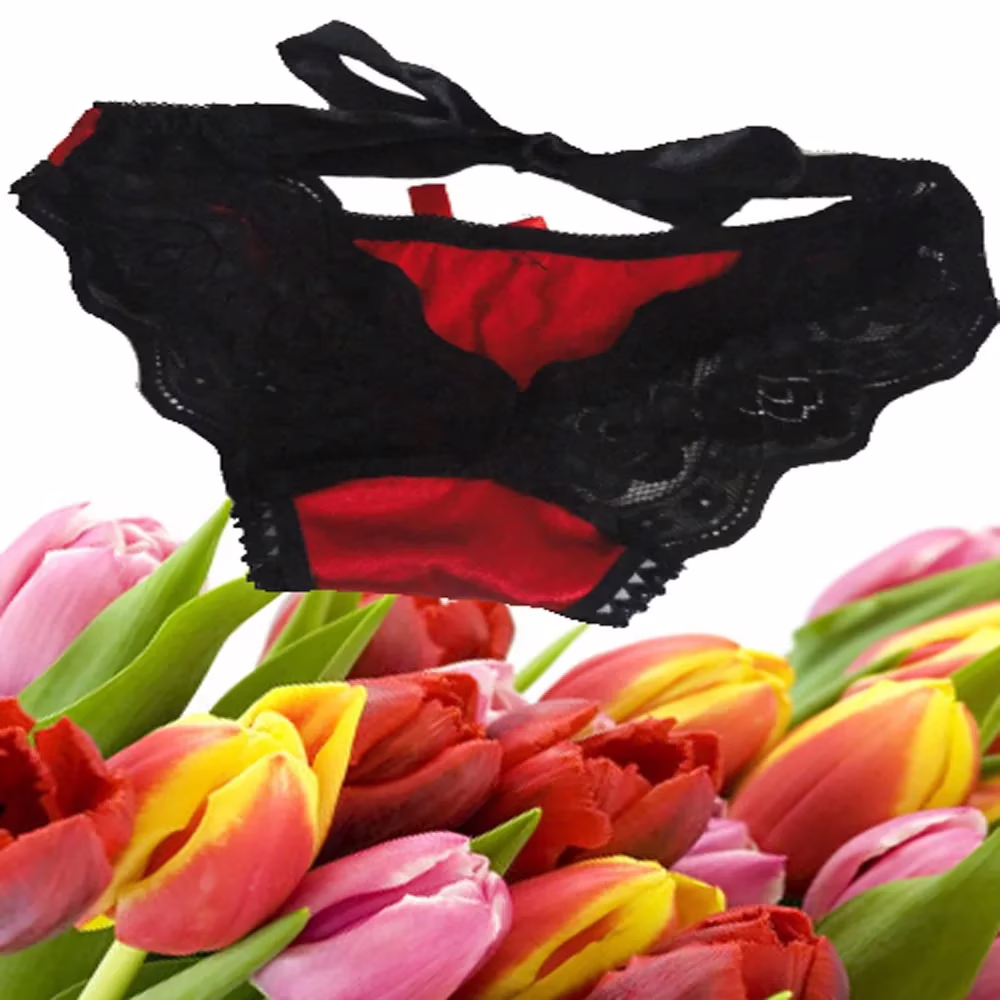 Slinky Red & Black Lace Style Ribbon Tanga Brief - Image 2