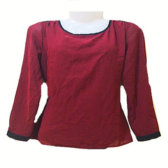 Soyaconcept Maroon Chiffon Full Sleeves Black Panel Top-Size M