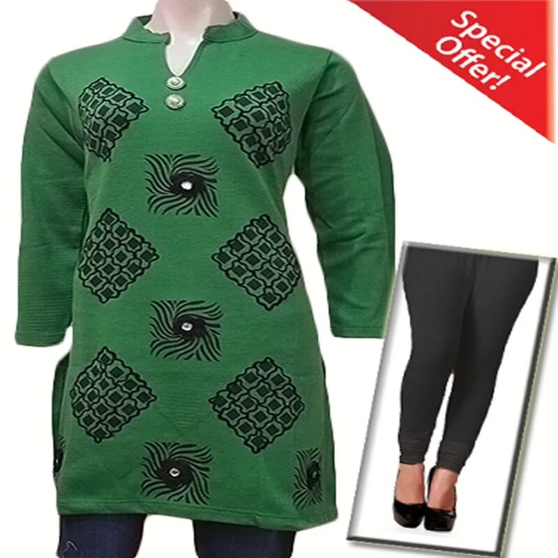 Special Offer-Green Square Design Woolen Kurti with Warm Winter Legging