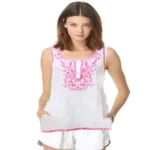 Splash White Embroidered Cotton Sleeveless Top-Size M