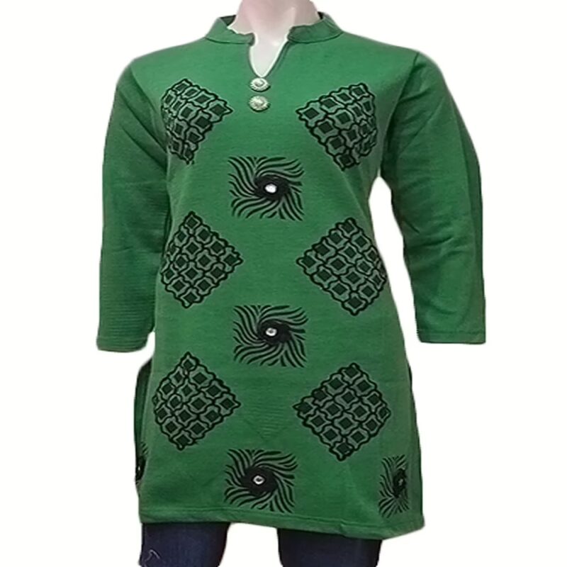 Square Design Full Sleeves Green Nehru Collar Woolen Kurti