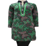 Startling Green Butterfly Print Black Velvet Nehru Collar Buttoned Placket Woolen Kurti