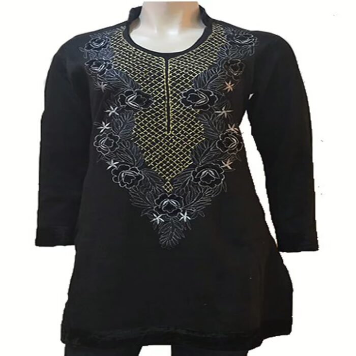 Stylish Black/Golden Embroidery Woolen Kurti