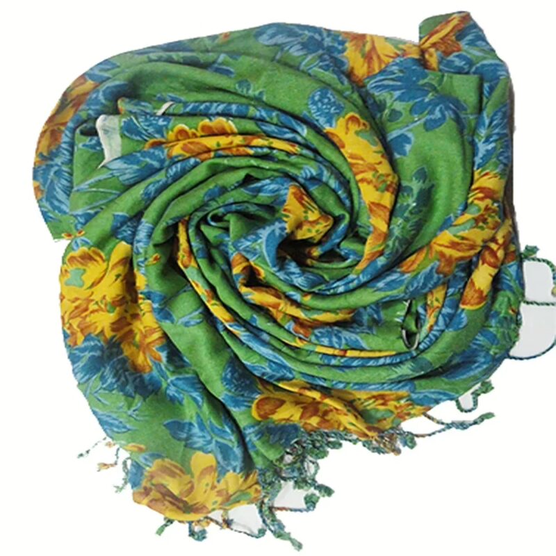 Stylish Yellow Blue Floral Print Green Color Scarf-Stole