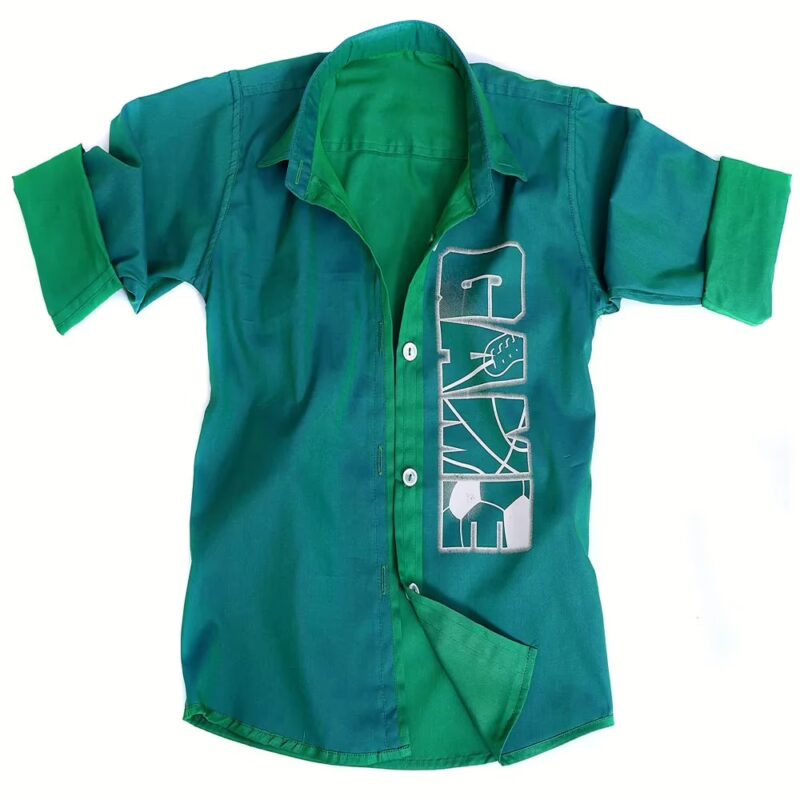 Tangerine-Game Printed Green Plain Roll Up Sleeves Shirt