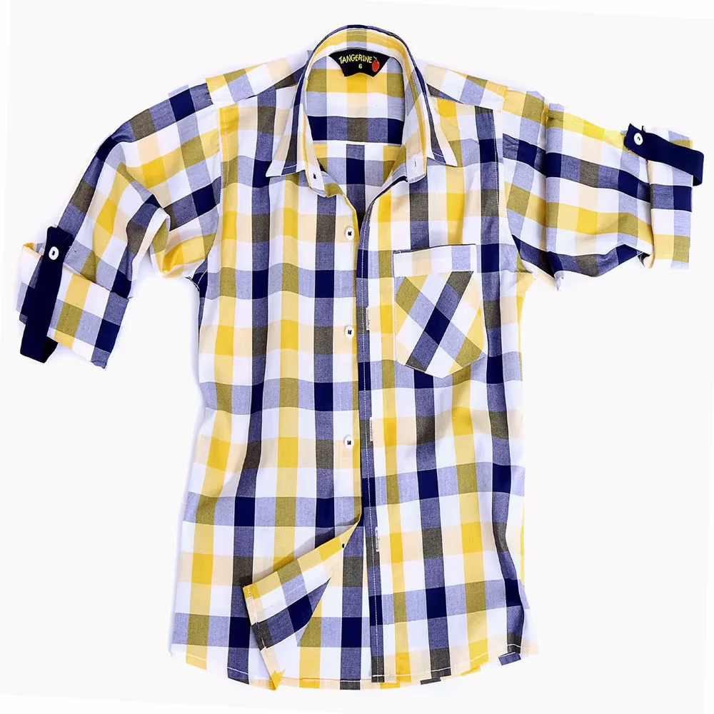 Tangerine-Single Pocket Yellow White Blue Check Roll Up Shirt