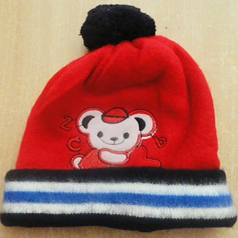 Teddy Applique Red Woolen Cap