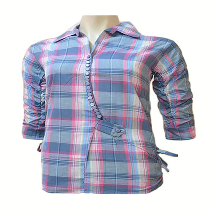 Three Quarter Sleeves Pink Greyish Blue Plaid Cotton Shirt