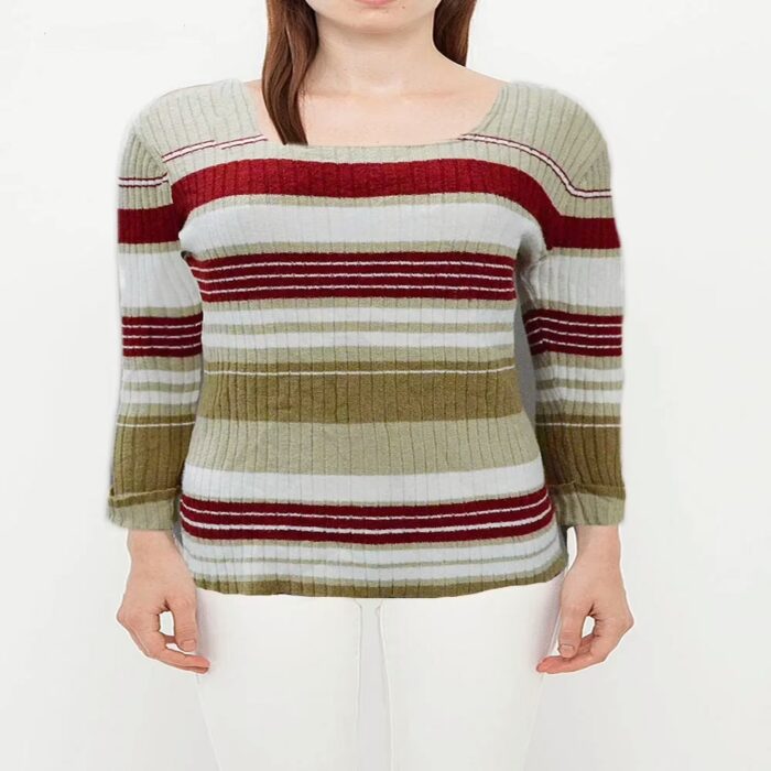 Trendy Brown Square Neck Stripe Sweater