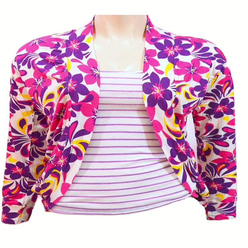 Trendy Pink Purple Floral White Full Sleeves Shrug -Size L-XL