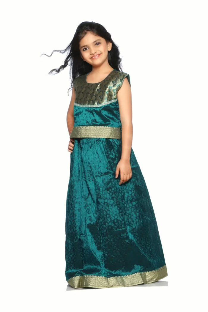 Bhartiya Paridhan -Art Silk Stitched Embroidered Laced Green Saree(6Month-9Years)
