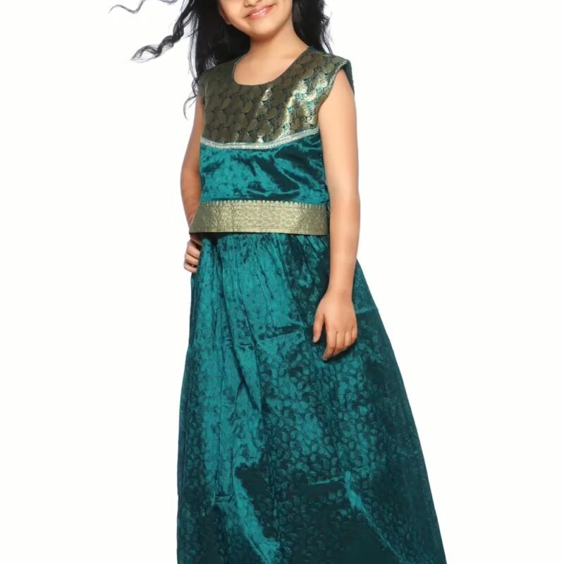 Bhartiya Paridhan -Art Silk Stitched Embroidered Laced Green Saree(6Month-9Years)