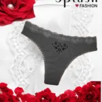 Waist  Embroidered Edge Trim Black Cotton Thong