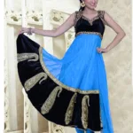 Pazaar Pankhuri Deep Sky Blue & Black Embroidered Party Anarkali Kameez