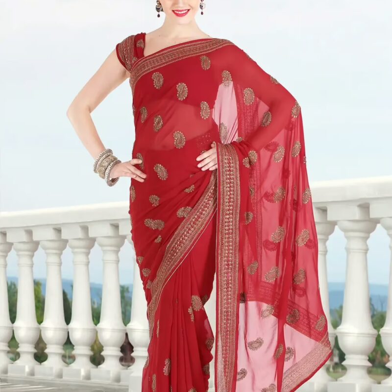 Pazaar Cardinal Red Embroidered Party Saree With Zari Thread