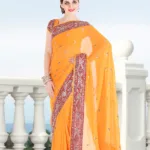 Pazaar Orange Peel Embroidered Party Saree With Zari Thread