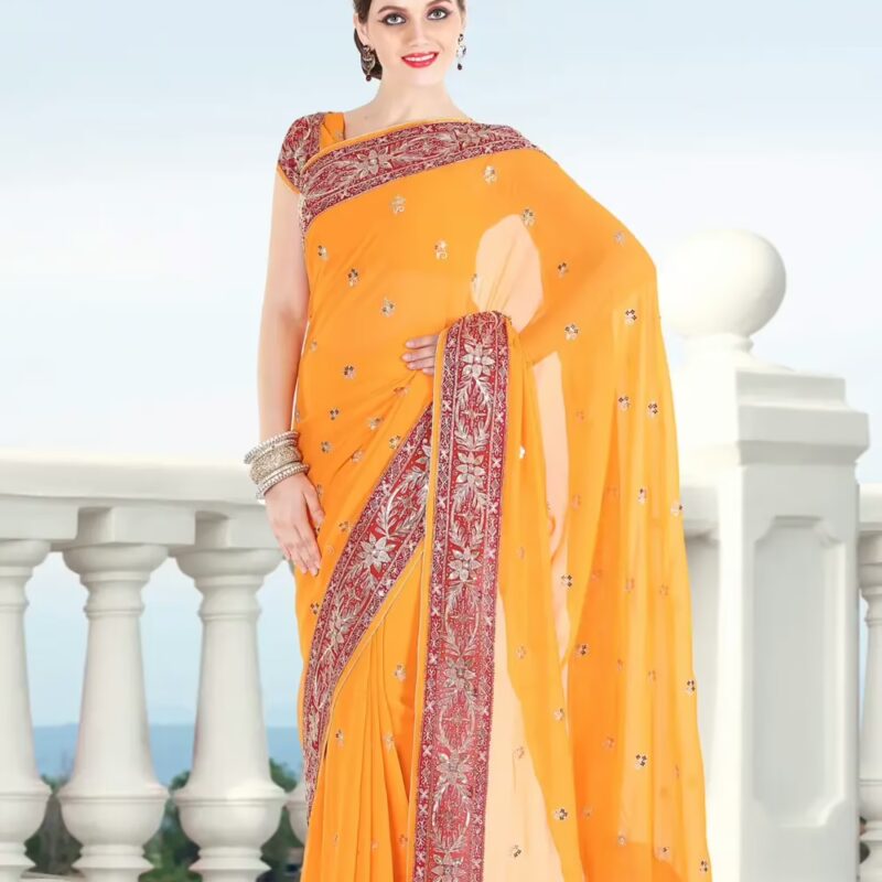 Pazaar Orange Peel Embroidered Party Saree With Zari Thread