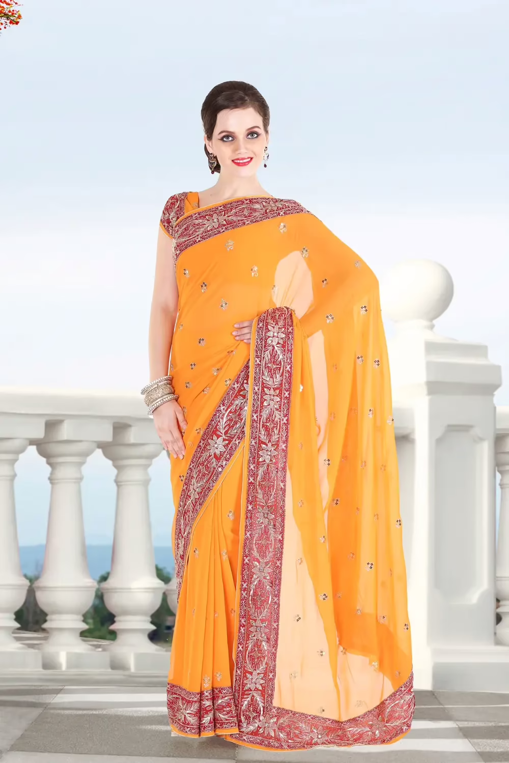 Pazaar Orange Peel Embroidered Party Saree With Zari Thread