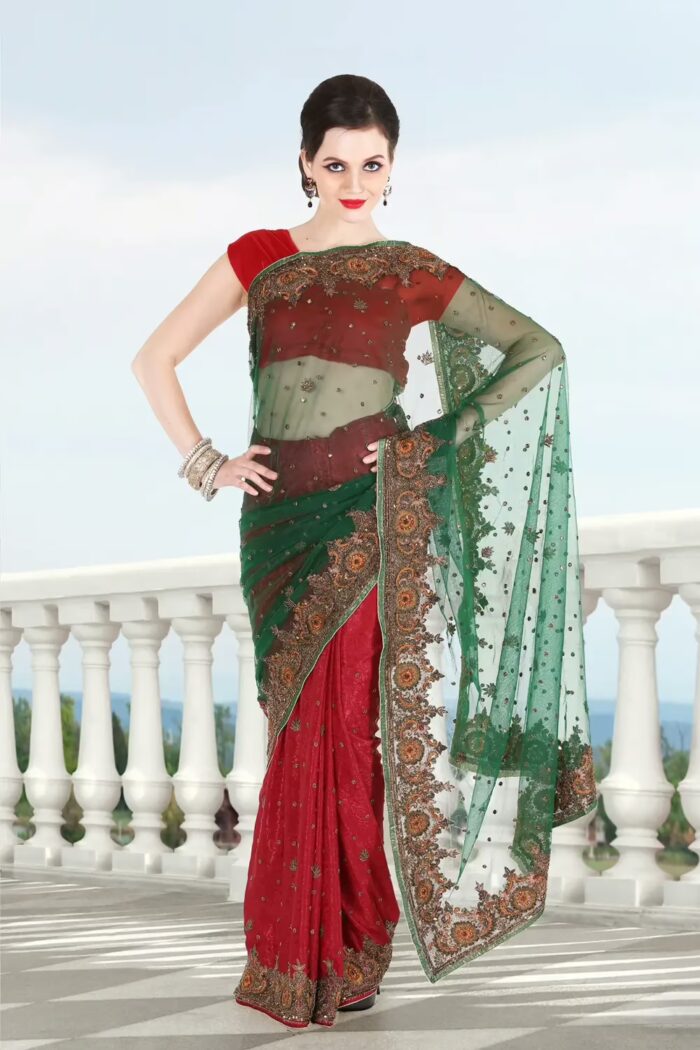 Pazaar Pine Green and Cardinal Red Embroidered Party Saree With Zari Thread
