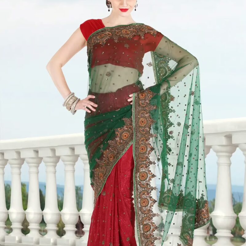 Pazaar Pine Green and Cardinal Red Embroidered Party Saree With Zari Thread