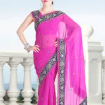 Pazaar Rose Pink Embroidered Party Saree With Zari Thread
