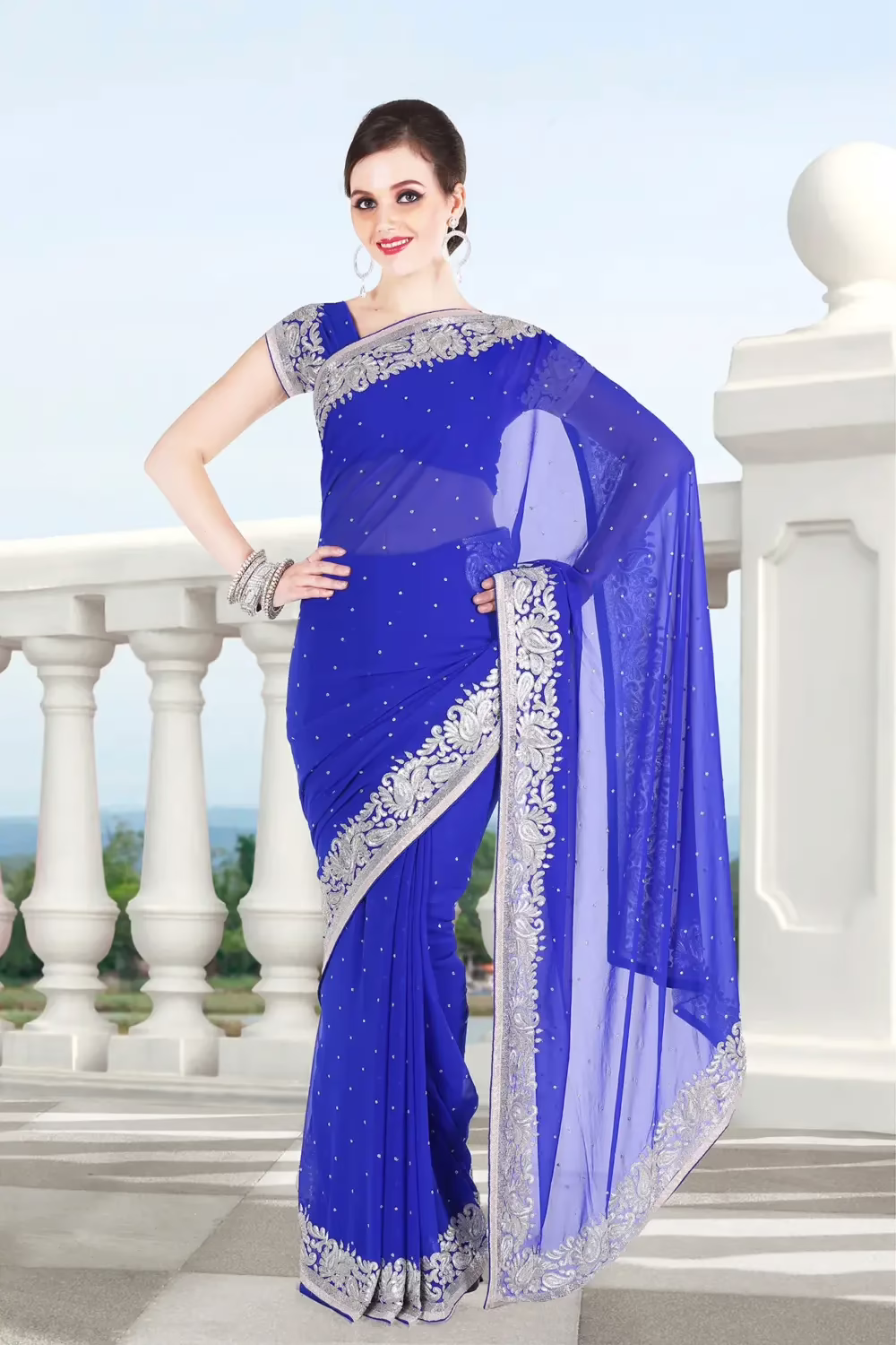 Pazaar Persian Blue Embroidered Party Saree With Zari Thread