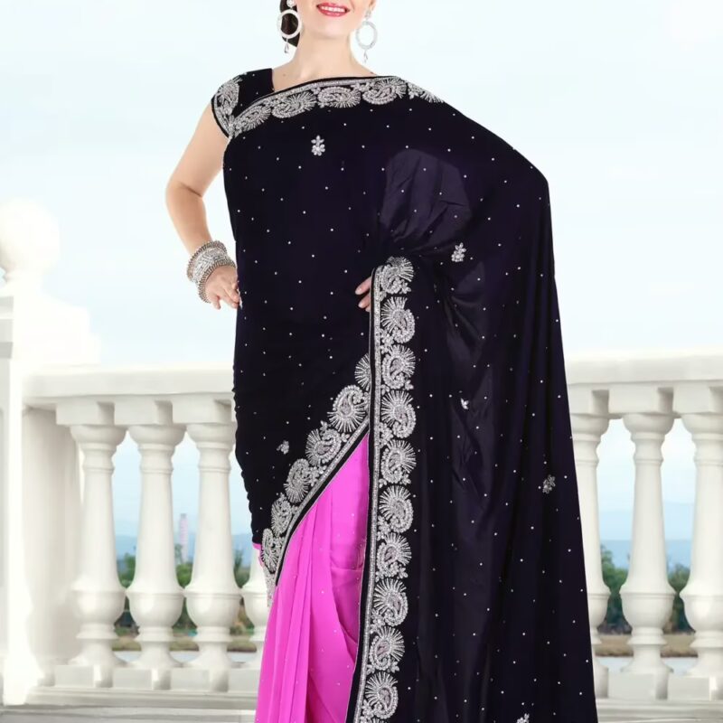 Pazaar Sapphire Blue and Fuchsia Pink Embroidered Party Saree With Zari Thread
