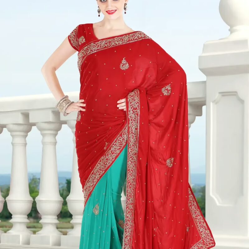 Pazaar Rose-madder Red and Persian Green Embroidered Party Saree With Zari Thread