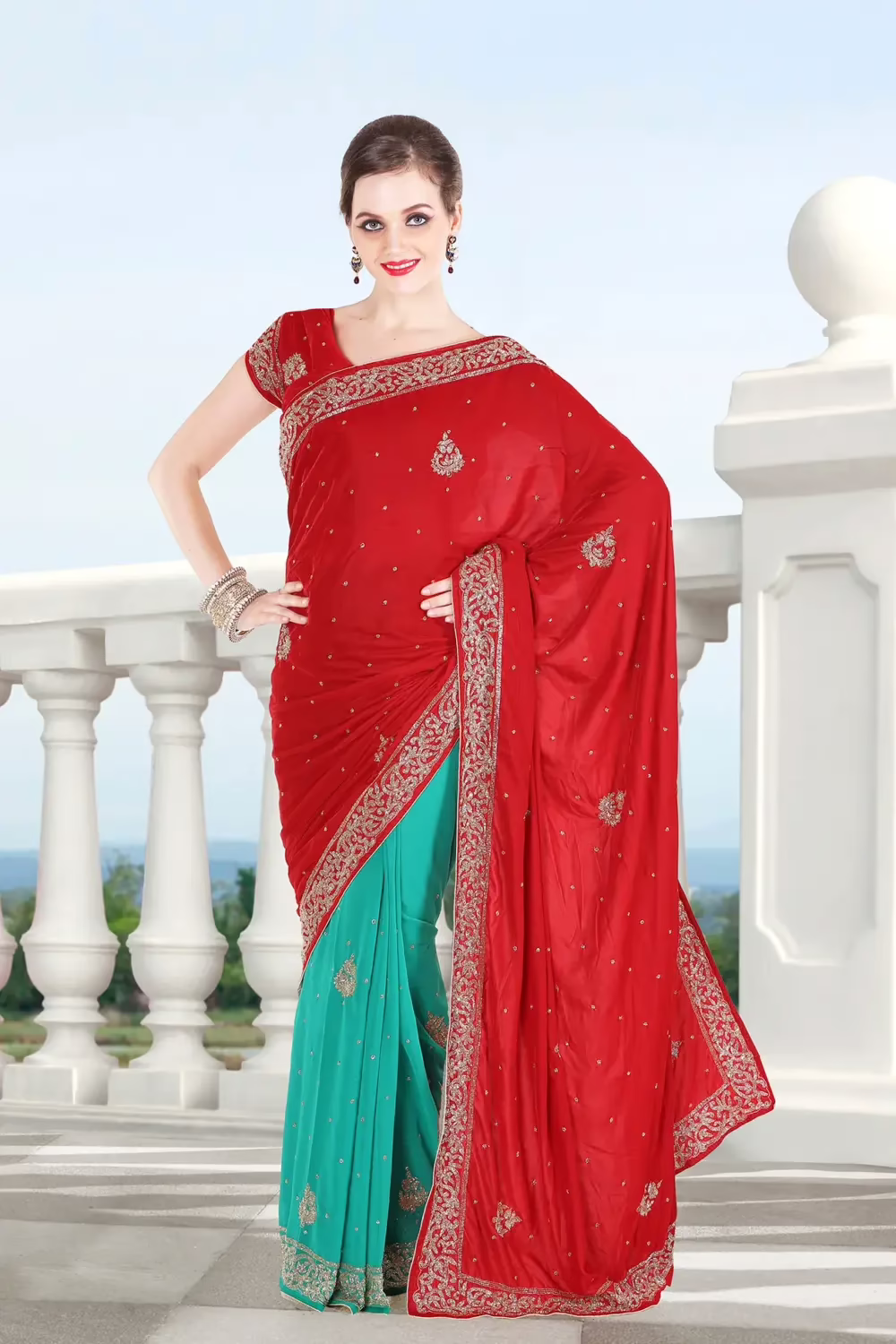 Pazaar Rose-madder Red and Persian Green Embroidered Party Saree With Zari Thread