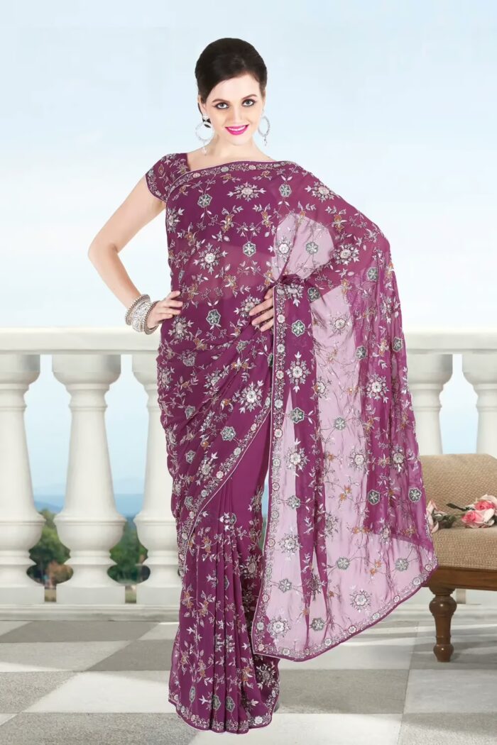 Pazaar Byzantium Purple Embroidered Party Saree With Zari Thread