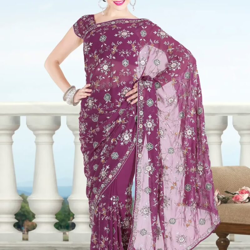 Pazaar Byzantium Purple Embroidered Party Saree With Zari Thread