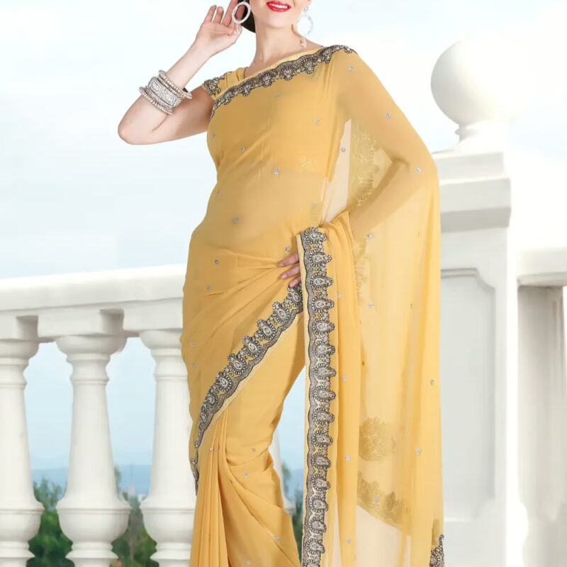 Pazaar Buff Yellow Embroidered Party Saree With Zari Thread