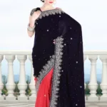 Pazaar Sapphire Blue and Coral Red Embroidered Party Saree With Zari Thread