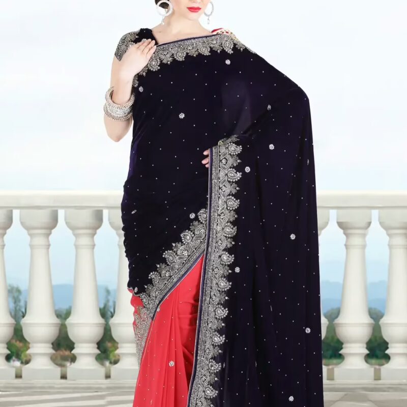 Pazaar Sapphire Blue and Coral Red Embroidered Party Saree With Zari Thread