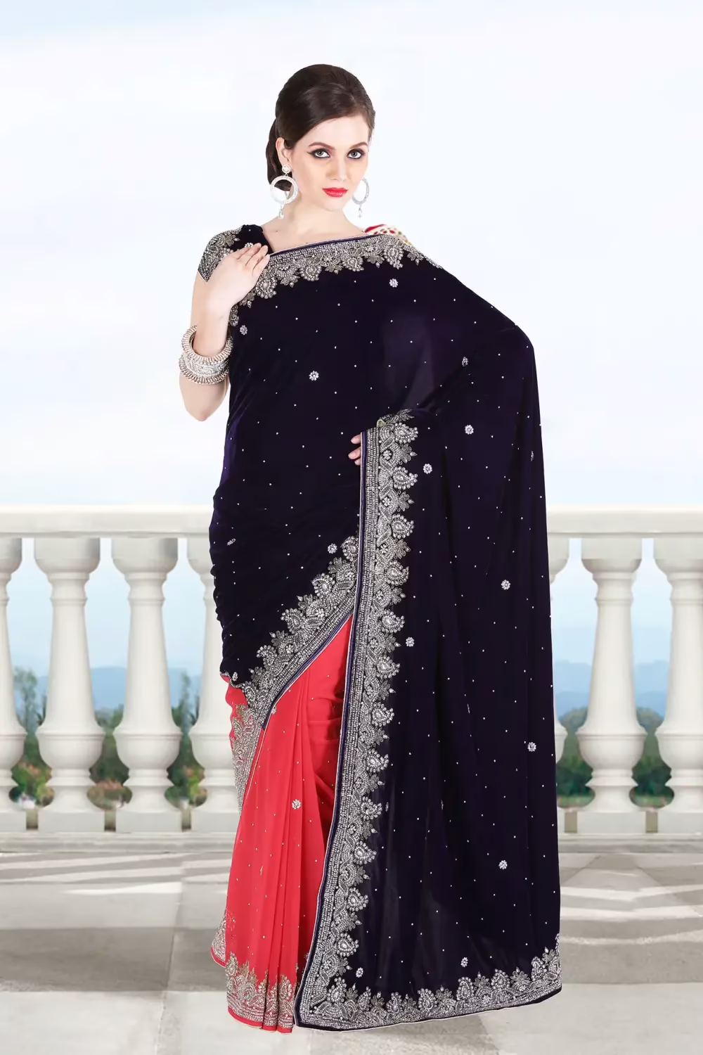 Pazaar Sapphire Blue and Coral Red Embroidered Party Saree With Zari Thread