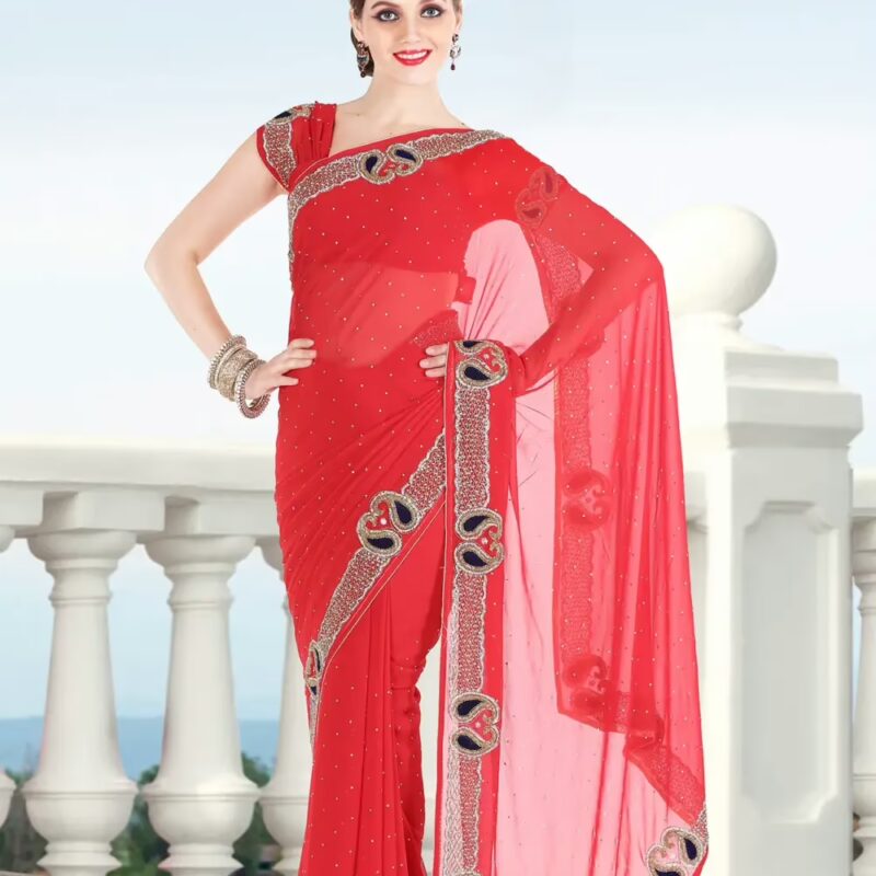Pazaar Rose-madder Red Embroidered Party Saree With Zari Thread