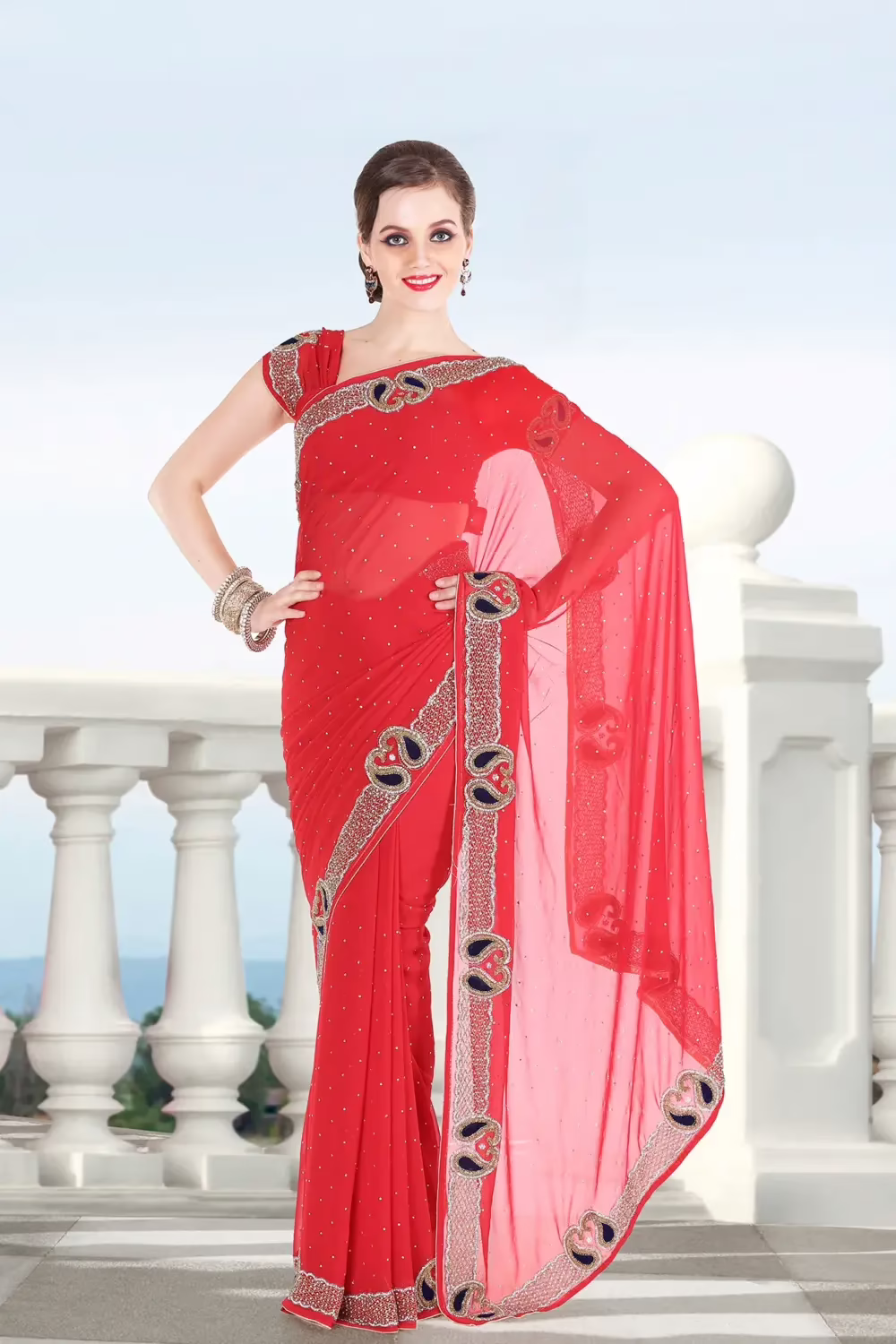 Pazaar Rose-madder Red Embroidered Party Saree With Zari Thread