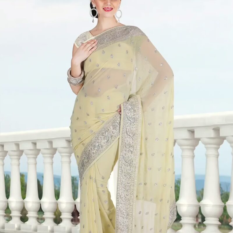 Pazaar Deep Lemon-chiffon Yellow Embroidered Party Saree With Zari Thread