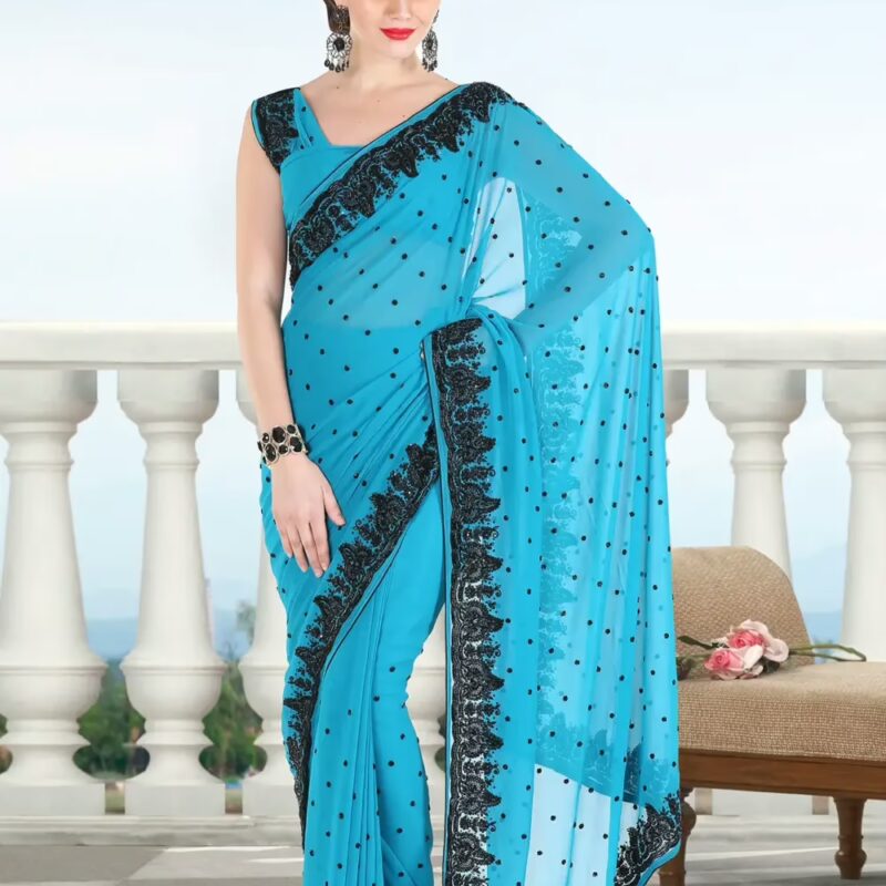 Pazaar Teal Blue Embroidered Party Saree With Zari Thread
