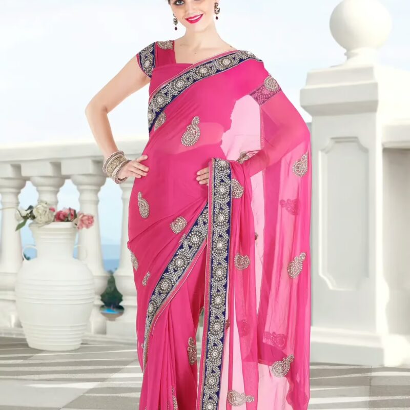 Pazaar French-rose Pink Embroidered Party Saree With Zari Thread