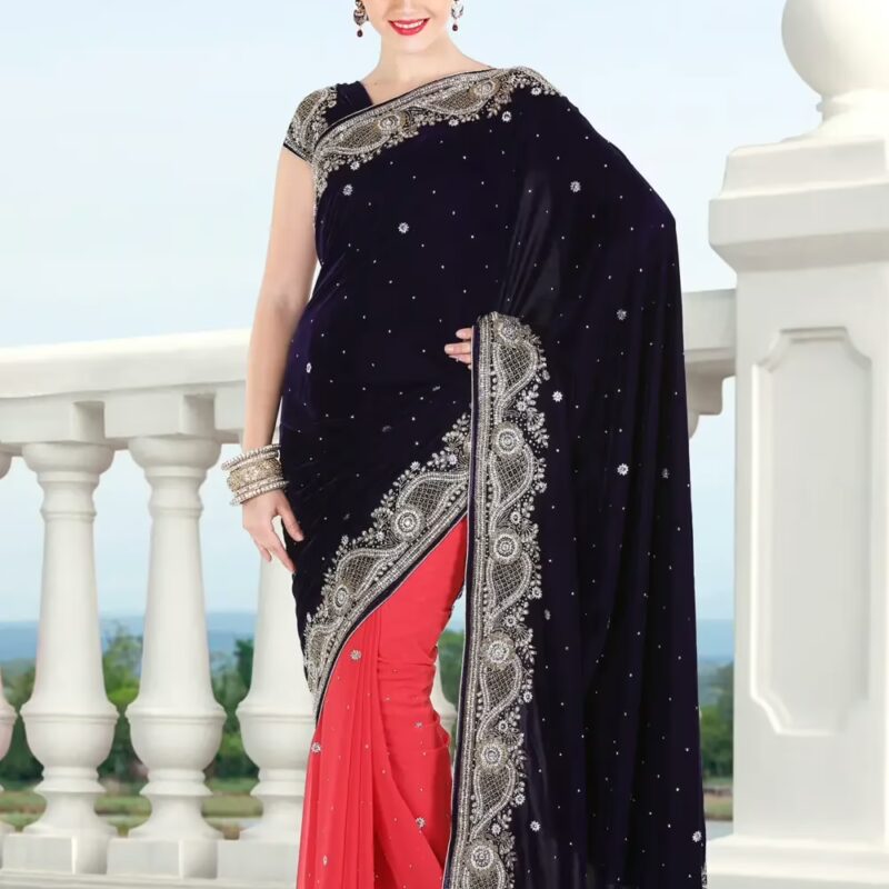 Pazaar Sapphire Blue and Coral Red Embroidered Party Saree With Zari Thread
