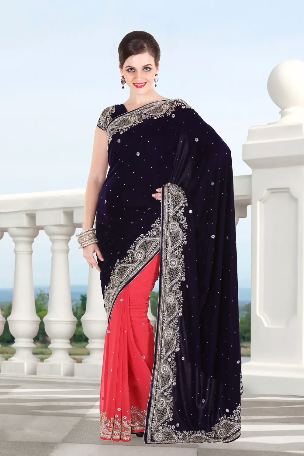 Pazaar Sapphire Blue and Coral Red Embroidered Party Saree With Zari Thread
