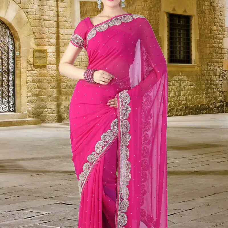 Pazaar Red-violet Embroidered Party Saree With Zari Thread