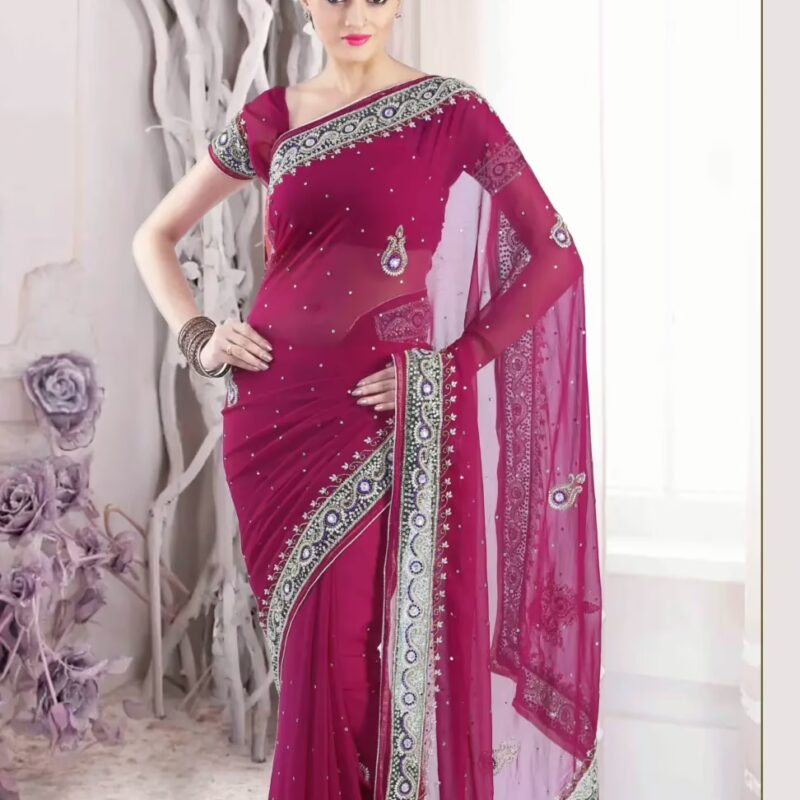 Pazaar Red-violet embroidered bridal saree with zari thread