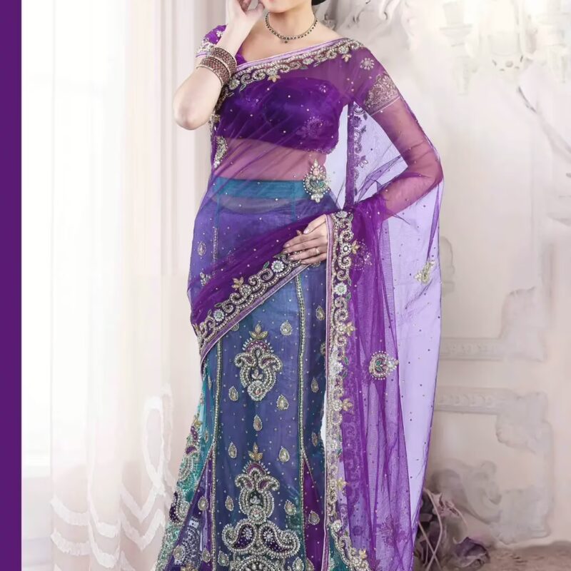 Pazaar Amethyst Violet and Jungle Green Embroidered Party Lehenga Saree