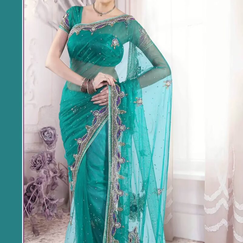 Pazaar Pine Green embroidered party saree with zari thread