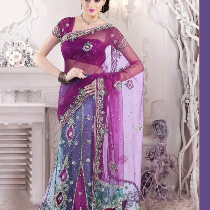 Pazaar Red-violet and Robin-egg Blue Embroidered Party Lehenga Style Saree